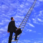 Man Walking up Ladder to Clouds